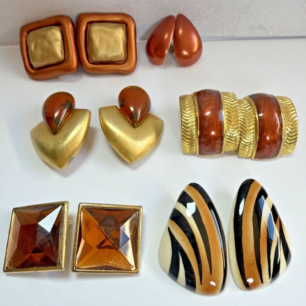 Vintage Earring Lot Gold Tone Copper Amber Geometric Statement 6 Pairs Mixed